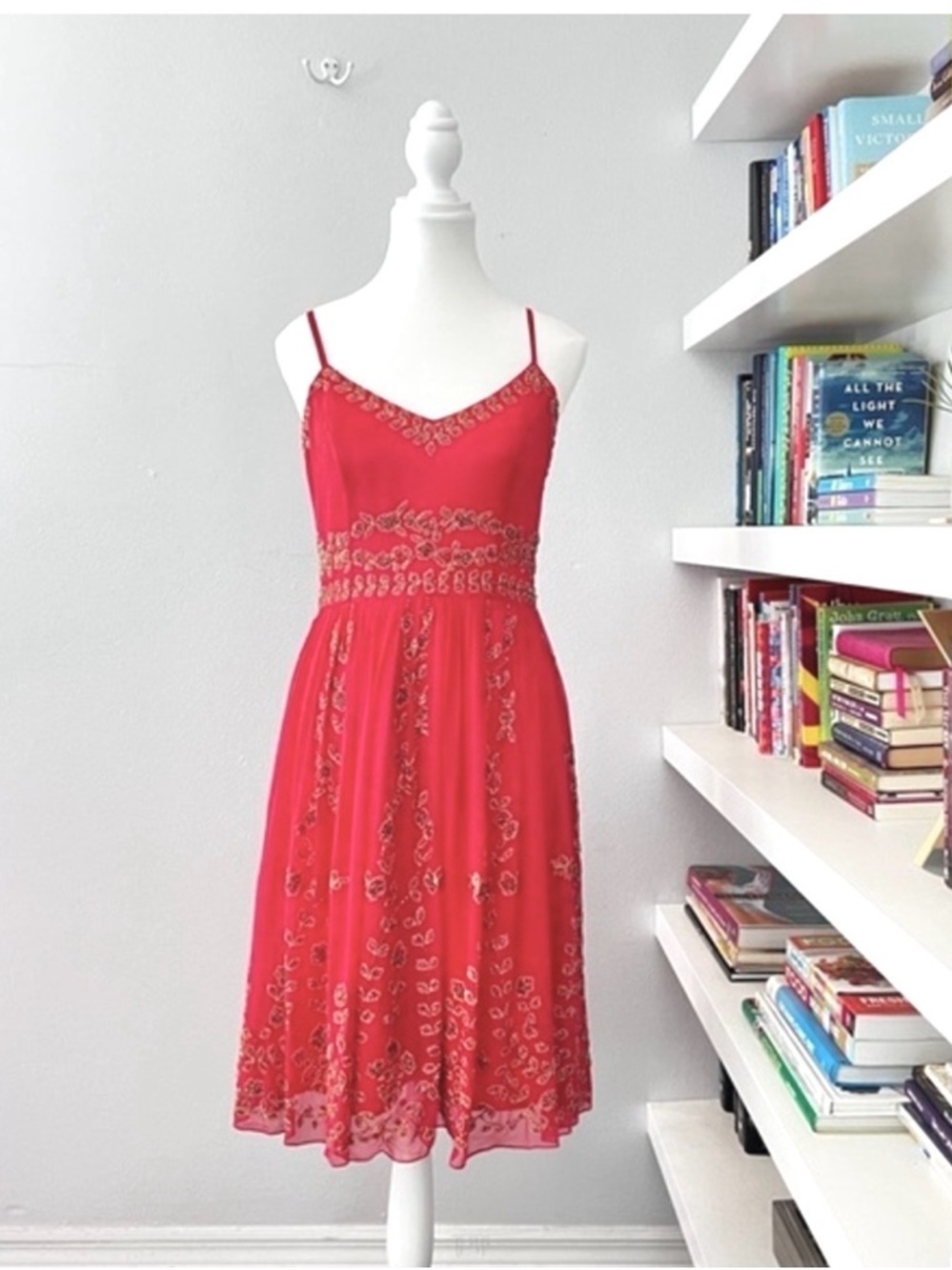 Adrianna Papell Beautiful Silk Coral Pink Beaded Dress Sz 6